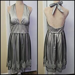 Adrianna Papell Halter Cocktail Dress Sz 12 Sheer Sparkle Cocktail Wedding Guest